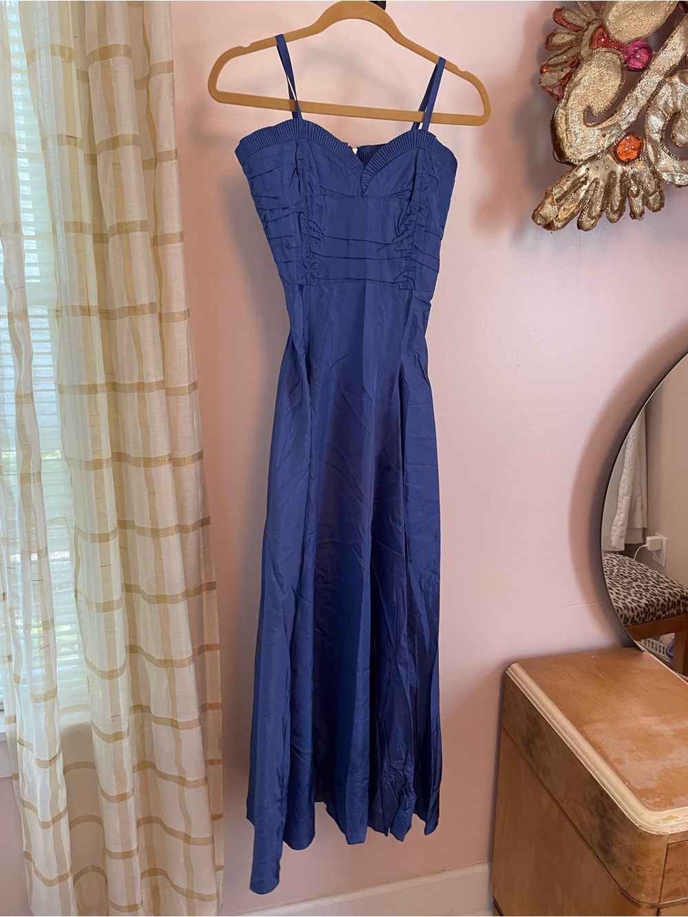 Blue 1940s Spaghetti Strap Formal Maxi Dress Pleated Bodice Taffeta